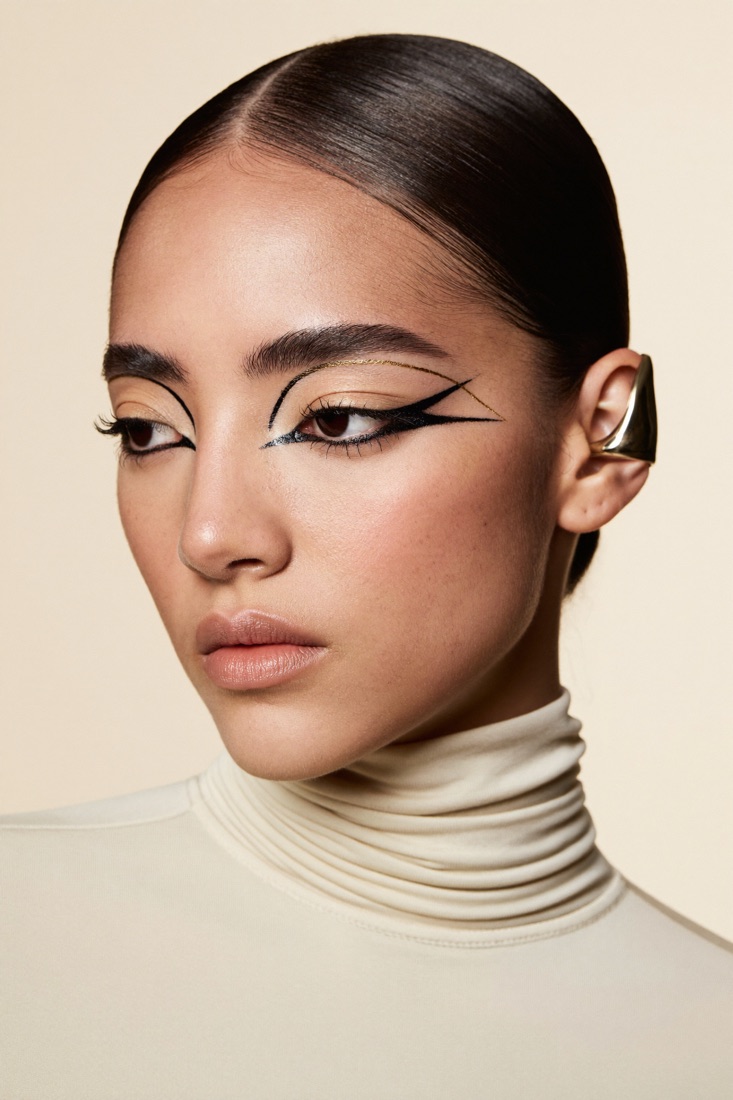 Editorial look with graphic eyeliner